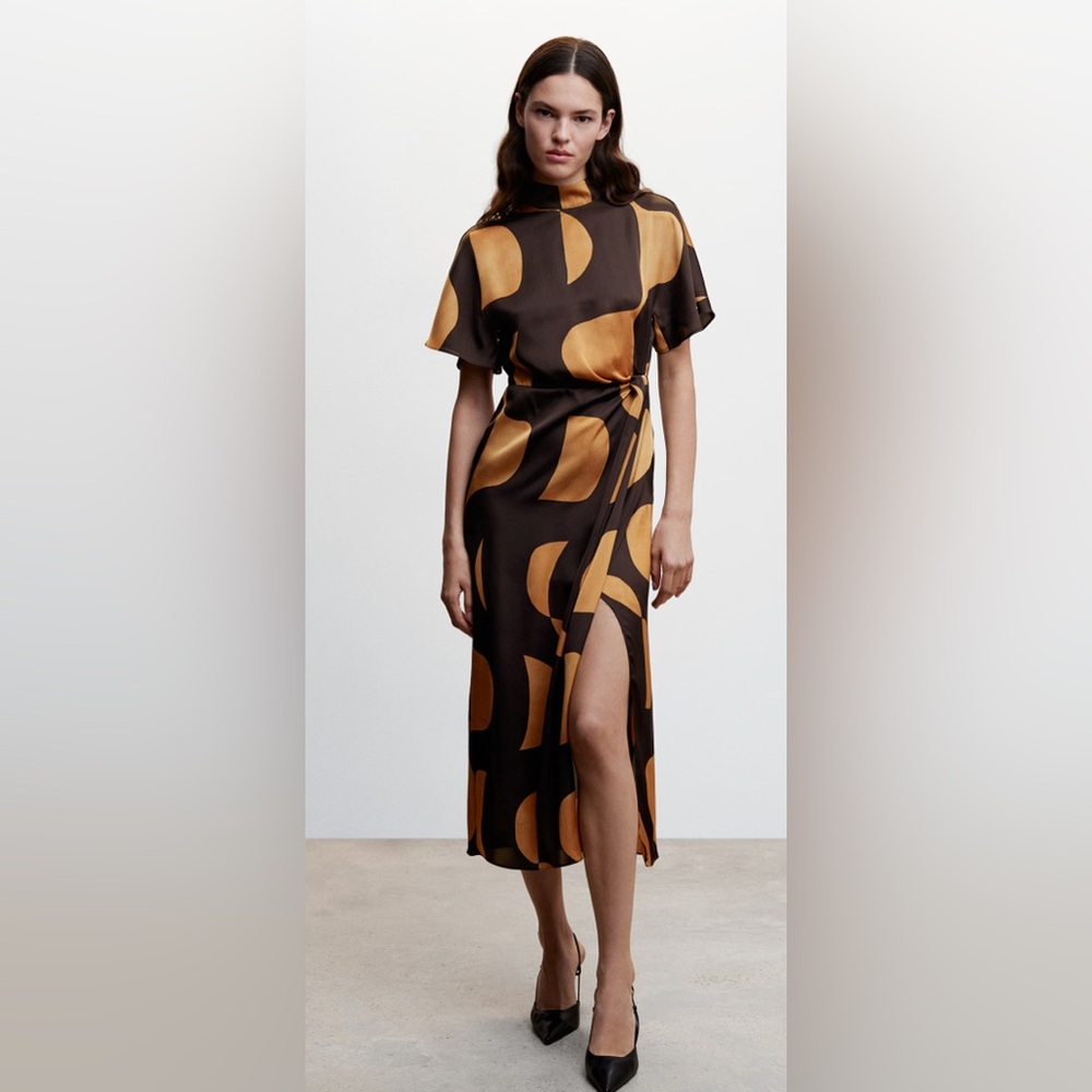 Mango Dark Brown and Gold Patterned Midi Dress